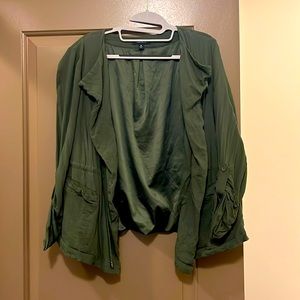 Open, drape front satin lined drawstring blazer anorak jacket